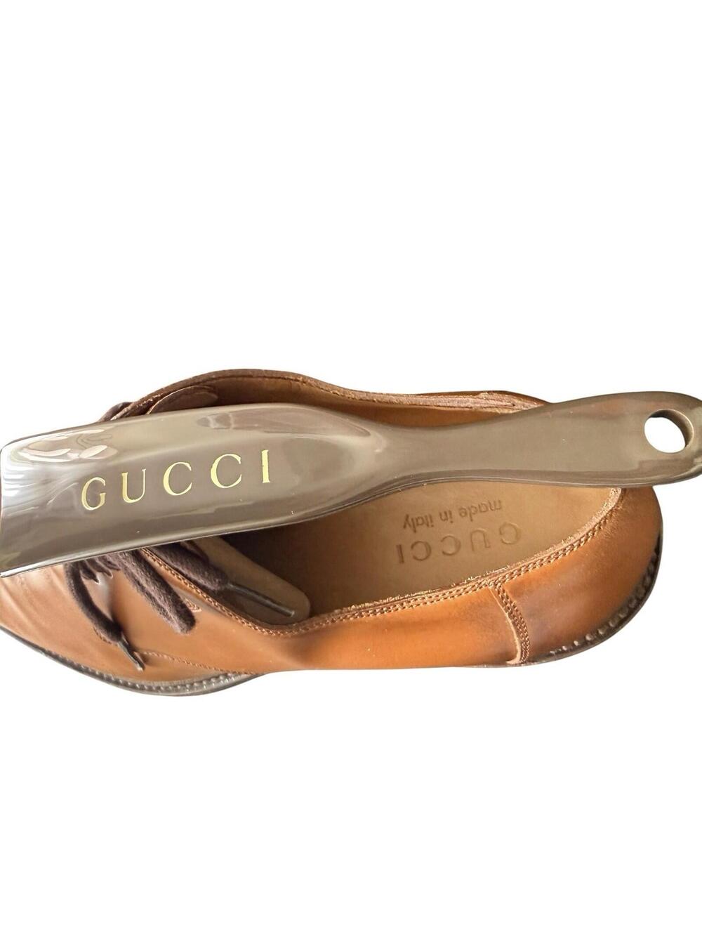 Designer Gucci Men's Burnished Tan Calfskin Leather Plain-Toe Derby Shoes 8 BOX+ - Picture 6 of 9